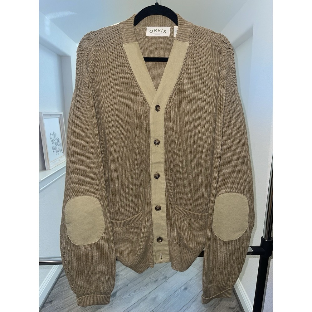 Orvis Vintage Brown Cardigan Button Front Elbow Pads Heavyweight Sweater Size L
